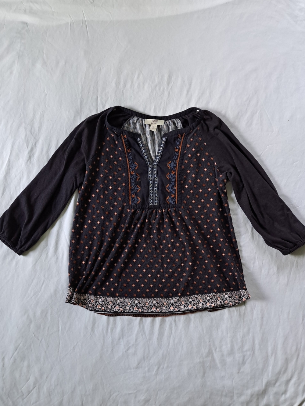 ​Vintage America Blues Boho Floral Embroidered Peasant Long Sleeve Shirt Size L - Picture 2 of 12